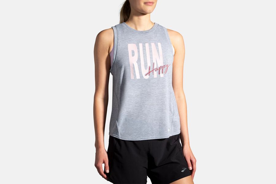 Womens Brooks Distance Graphic Tank Tops Heather Ash/Run Happy | 364581-RXL